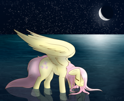 Size: 1600x1300 | Tagged: safe, artist:crosspone, fluttershy, pegasus, pony, chest fluff, eyes closed, floppy ears, fluffy, moon, night, solo, spread wings, stars, water