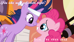 Size: 960x540 | Tagged: safe, derpibooru import, pinkie pie, twilight sparkle, earth pony, pony, caption, fanfic, pink text, purple text