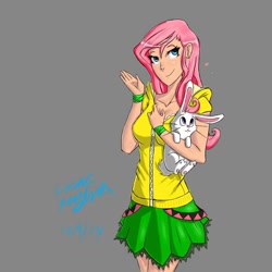 Size: 1024x1024 | Tagged: safe, artist:issac95, angel bunny, fluttershy, human, clothes, humanized, skirt, solo