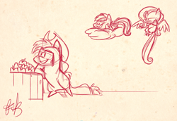 Size: 1280x881 | Tagged: safe, artist:fluttershythekind, derpibooru import, applejack, fluttershy, rainbow dash, earth pony, pegasus, pony, apple, monochrome