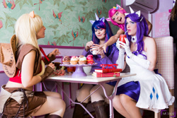 Size: 3199x2133 | Tagged: safe, artist:allycosplay, artist:lexcosplay, artist:lucecosplay, artist:quineapple, applejack, pinkie pie, rarity, twilight sparkle, human, cafe, clothes, cosplay, evening gloves, food, irl, irl human, photo, table