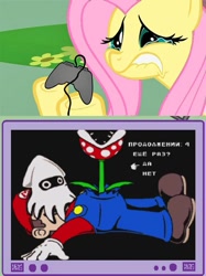 Size: 563x752 | Tagged: safe, fluttershy, human, pegasus, pony, alien (franchise), blooper, bootleg, chestburster, controller, death, exploitable meme, facehugger, female, game over, gamershy, hoof hold, lip bite, male, mare, mario, mario 4: a space oddysey, meme, obligatory pony, pink mane, piranha plant, russian, space hamster, super mario bros., teary eyes, teeth, tv meme, yellow coat