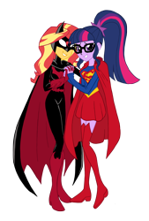 Size: 2366x3500 | Tagged: safe, artist:edcom02, artist:jmkplover, sci-twi, sunset shimmer, twilight sparkle, equestria girls, batwoman, clothes, colored, costume, female, halloween, halloween costume, holding hands, lesbian, scitwishimmer, shipping, simple background, smiling, sunsetsparkle, supergirl, transparent background