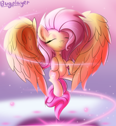Size: 1200x1300 | Tagged: safe, artist:bugplayer, fluttershy, pegasus, pony, eyes closed, female, flying, large wings, mare, smiling, solo, wings
