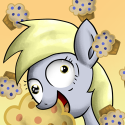 Size: 1600x1600 | Tagged: safe, artist:zsparkonequus, derpy hooves, pegasus, pony, derp, female, food, mare, muffin, solo