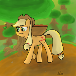 Size: 1280x1280 | Tagged: safe, artist:mang, applejack, earth pony, pony, apple, basket, carrying, solo, tree