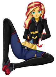 Size: 1840x2550 | Tagged: safe, artist:artemis-polara, sunset shimmer, equestria girls, alternate hairstyle, ankle bracelet, belly button, belt, boots, clothes, gloves, heart hands, human sunset, jacket, pants, shoes, simple background, smiling, solo, torn clothes, transparent background