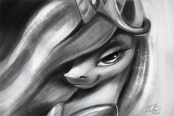 Size: 900x600 | Tagged: safe, artist:tsitra360, princess celestia, alicorn, pony, bedroom eyes, grayscale, hair over one eye, looking at you, monochrome, smiling, smirk, smug, smuglestia, solo