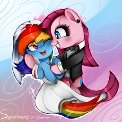 Size: 787x787 | Tagged: safe, artist:supermare, derpibooru import, pinkie pie, rainbow dash, earth pony, pegasus, pony, clothes, dress, far cry 3, female, lesbian, pinkamena diane pie, pinkiedash, shipping, suit, wedding dress