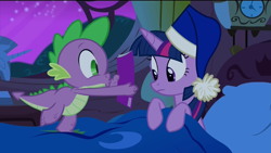 Size: 1920x1080 | Tagged: safe, derpibooru import, screencap, spike, twilight sparkle, twilight sparkle (alicorn), alicorn, dragon, pony, power ponies (episode), bed, blanket, book, cap, clock, comic book, comic book meme, female, hat, mare, nightcap, pillow, showing, template