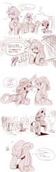 Size: 500x1521 | Tagged: safe, artist:murai shinobu, applejack, rarity, trenderhoof, earth pony, pony, unicorn, simple ways, comic, female, japanese, lesbian, monochrome, pixiv, rarijack, shipping, translated in the comments