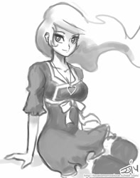 Size: 709x900 | Tagged: safe, artist:johnjoseco, princess celestia, human, bakemonogatari, clothes, dress, grayscale, humanized, looking at you, monochrome, sketch, solo