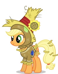 Size: 760x960 | Tagged: safe, applejack, earth pony, pony, luna eclipsed, clothes, costume, halloween, hasbro, hat, nightmare night, scarecrow, solo, straw, straw hat, sunflower