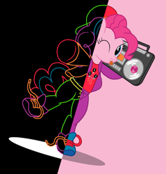 Size: 1111x1161 | Tagged: safe, artist:thelastgherkin, pinkie pie, earth pony, pony, clothes, fetish, hat, shirt, shoes, sneakers, sneakers fetish, solo, stereo, wink