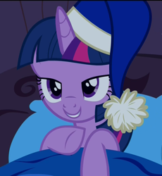 Size: 990x1078 | Tagged: safe, derpibooru import, screencap, twilight sparkle, twilight sparkle (alicorn), alicorn, pony, power ponies (episode), bed, blanket, cap, cute, female, hat, lidded eyes, mare, nightcap, smiling, solo