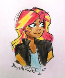 Size: 624x744 | Tagged: safe, artist:mojothebrojo, sunset shimmer, human, equestria girls, bust, clothes, dark skin, female, humanized, portrait, simple background, traditional art, white background