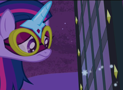 Size: 1480x1080 | Tagged: safe, derpibooru import, screencap, masked matter-horn, twilight sparkle, twilight sparkle (alicorn), alicorn, pony, power ponies (episode), female, frown, goggles, mare, mask, power ponies, snow, snowflake, solo
