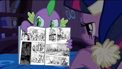 Size: 1920x1080 | Tagged: safe, derpibooru import, edit, screencap, spike, twilight sparkle, twilight sparkle (alicorn), alicorn, dragon, pony, power ponies (episode), book, cap, comic, comic book, duwang, exploitable meme, female, hat, jojo's bizarre adventure, mare, meme, nightcap, parody, pointing