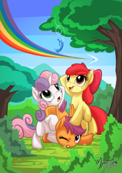 Size: 955x1351 | Tagged: safe, artist:mysticalpha, derpibooru import, apple bloom, rainbow dash, scootaloo, sweetie belle, earth pony, pegasus, pony, unicorn, bow, cutie mark crusaders, feather, female, filly, grass, hair bow, one eye closed, open mouth, rainbow, rainbow trail, sky, tree