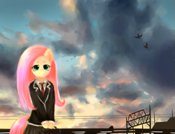 Size: 1023x787 | Tagged: safe, artist:dobado, fluttershy, pegasus, pony, semi-anthro, clothes, school uniform, solo