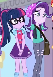 Size: 597x865 | Tagged: safe, screencap, rarity, sci-twi, starlight glimmer, sunset shimmer, twilight sparkle, equestria girls, mirror magic, spoiler:eqg specials, arm behind back, bag, beanie, bowtie, clothes, cropped, cute, geode of telekinesis, glasses, glimmerbetes, hat, hnnng, magical geodes, offscreen character, pants, ponytail, ripped pants, skirt, socks, twiabetes, vest