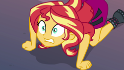 Size: 1920x1080 | Tagged: safe, screencap, sunset shimmer, better together, equestria girls, forgotten friendship, all fours, humans doing horse things, scared, solo