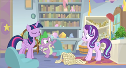 Size: 1600x862 | Tagged: safe, screencap, phyllis, spike, starlight glimmer, twilight sparkle, twilight sparkle (alicorn), alicorn, dragon, pony, unicorn, a horse shoe-in, bookshelf, bucket, cabinet, chair, desk, female, house plant, mare, office, philodendron, picture frame, rug, scroll, winged spike