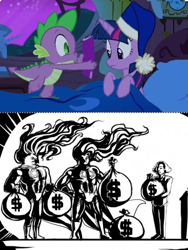 Size: 531x708 | Tagged: safe, derpibooru import, spike, twilight sparkle, twilight sparkle (alicorn), alicorn, human, pony, power ponies (episode), bag, bed, blanket, book, cap, comic, comic book, comic book meme, dollar sign, female, hat, jontron, mare, money, moneybags, nightcap, nightshade: the claws of heugh, spike's comic