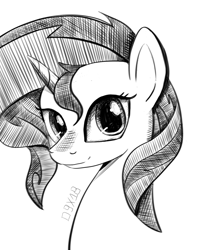 Size: 1161x1452 | Tagged: safe, artist:dsana, sunset shimmer, pony, unicorn, bust, female, ink drawing, inktober, looking at you, mare, monochrome, simple background, sketch, smiling, solo, traditional art, white background