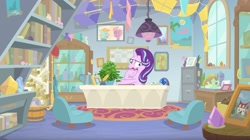 Size: 1678x940 | Tagged: safe, screencap, phyllis, starlight glimmer, pony, a horse shoe-in, chair, kite, scroll, starlight's office, wavy mouth