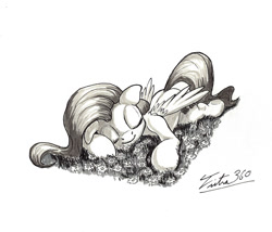 Size: 900x771 | Tagged: safe, artist:tsitra360, fluttershy, pegasus, pony, monochrome, sleeping, solo, traditional art