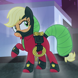 Size: 720x720 | Tagged: safe, screencap, applejack, mistress marevelous, earth pony, pony, power ponies (episode), clothes, costume, power ponies, raised hoof, solo