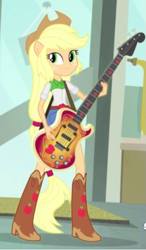 Size: 363x620 | Tagged: safe, screencap, applejack, a case for the bass, equestria girls, rainbow rocks, bass guitar, guitar, musical instrument, ponied up, pony ears, solo