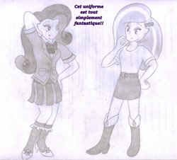 Size: 2786x2517 | Tagged: safe, artist:poseidonathenea, fleur-de-lis, rarity, equestria girls, clothes, clothes swap, crystal prep academy uniform, french, monochrome, pencil drawing, school uniform, traditional art, translated in the comments