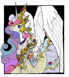 Size: 845x945 | Tagged: safe, artist:masqueradeing, artist:nastylady, edit, princess celestia, alicorn, pony, clothes, colored, dress, female, jewelry, mare, mask, solo