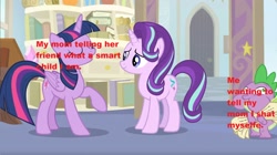 Size: 1680x940 | Tagged: safe, edit, edited screencap, screencap, spike, starlight glimmer, twilight sparkle, twilight sparkle (alicorn), alicorn, dragon, pony, unicorn, a horse shoe-in, meme, metaphor, misspelling, puffy cheeks, shitposting, text, vulgar, winged spike