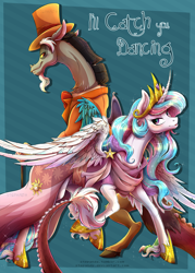 Size: 1200x1675 | Tagged: safe, artist:stepandy, discord, princess celestia, alicorn, pony, comic:i'll catch you dancing, bedroom eyes, cane, clothes, comic, cover, dialogue, dislestia, dress, eye contact, female, hat, male, raised hoof, realistic horse legs, shipping, straight, top hat