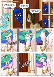 Size: 955x1351 | Tagged: safe, artist:mysticalpha, doctor whooves, lyra heartstrings, princess celestia, princess luna, alicorn, pony, comic:day in the lives of the royal sisters, comic, constipated, crown, faic, female, floppy ears, horseshoes, implied pooping, jewelry, male, mare, open mouth, peytral, potty time, puffy cheeks, regalia, stallion, straining, tongue out, wide eyes