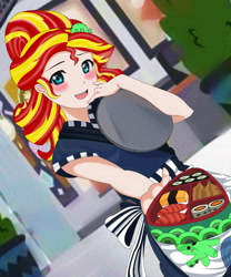 Size: 1280x1539 | Tagged: safe, artist:anonix123, edit, sunset shimmer, human, eqg summertime shorts, equestria girls, good vibes, alternate hairstyle, anime, apron, barrette, bento, blushing, clothes, female, food, hairclip, hairpin, happi, human coloration, humanized, looking at you, love live! school idol project, mall, offering, open mouth, rice, serving tray, smiling, solo, standing, sunset sushi, sushi