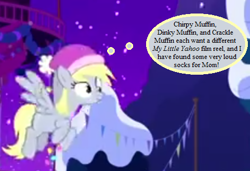 Size: 462x316 | Tagged: safe, edit, edited screencap, screencap, derpy hooves, best gift ever, cropped, gulliver's travels, hat, holiday, implied chirpy, implied crackle pop, implied dinky, my little human, santa hat, snow, text, thought bubble, town hall, yahoo