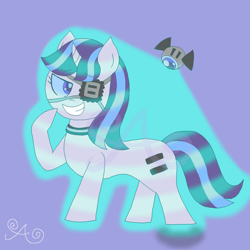 Size: 2000x2000 | Tagged: safe, artist:alannaartroid, starlight glimmer, pony, robot, unicorn, alternate hairstyle, alternate universe, artificial intelligence, blue background, choker, colored sclera, equal cutie mark, eyepatch, female, grin, hologram, mare, raised hoof, redesign, simple background, smiling, solo