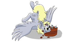 Size: 2560x1440 | Tagged: safe, artist:spirittis, derpy hooves, pegasus, pony, cake, crash landing, female, food, manechat challenge, mare, simple background, solo, white background