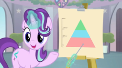 Size: 1600x900 | Tagged: safe, screencap, starlight glimmer, pony, unicorn, a horse shoe-in, easel, female, levitation, magic, mare, pointer, pyramid, school of friendship, solo, telekinesis