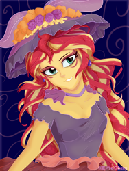 Size: 3000x4000 | Tagged: safe, artist:katakiuchi4u, sunset shimmer, equestria girls, beautiful, clothes, dress, ear piercing, female, hat, piercing, smiling, solo