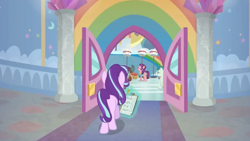 Size: 1600x900 | Tagged: safe, screencap, spoiled rich, starlight glimmer, yona, pony, unicorn, yak, a horse shoe-in, bucket, carpet, clipboard, column, door, female, gym, gymnasium, levitation, magic, mare, rainbow, telekinesis