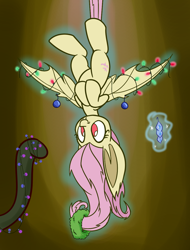 Size: 950x1250 | Tagged: safe, artist:heir-of-rick, fluttershy, bat pony, monster pony, original species, tatzlpony, christmas lights, cute, fangs, flutterbat, magic, miss pie's monsters, newbie artist training grounds, ornament, pun, shyabates, shyabetes, smiling, spread wings, tatzljack, telekinesis, tentacle tongue, tentacles, upside down, wreath