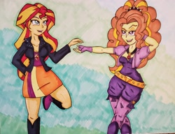 Size: 3920x3003 | Tagged: safe, artist:andras, adagio dazzle, sunset shimmer, equestria girls, boots, clothes, gem, jacket, leather, leather jacket, leggings, miniskirt, shoes, siren gem, skirt, traditional art