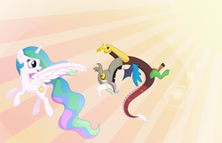 Size: 3750x2420 | Tagged: safe, artist:scienceisanart, discord, princess celestia, alicorn, pony, flying, lens flare, open mouth, smiling, vector, wallpaper, younger