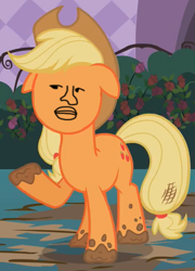 Size: 432x600 | Tagged: safe, screencap, applejack, earth pony, pony, sweet and elite, faic, image macro, meme, opplojock, solo