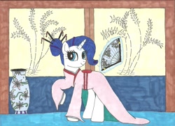 Size: 2208x1595 | Tagged: safe, artist:snowblitz227, rarity, pony, unicorn, alternate hairstyle, clothes, fan, female, kimono (clothing), levitation, magic, mare, solo, telekinesis, traditional art, vase